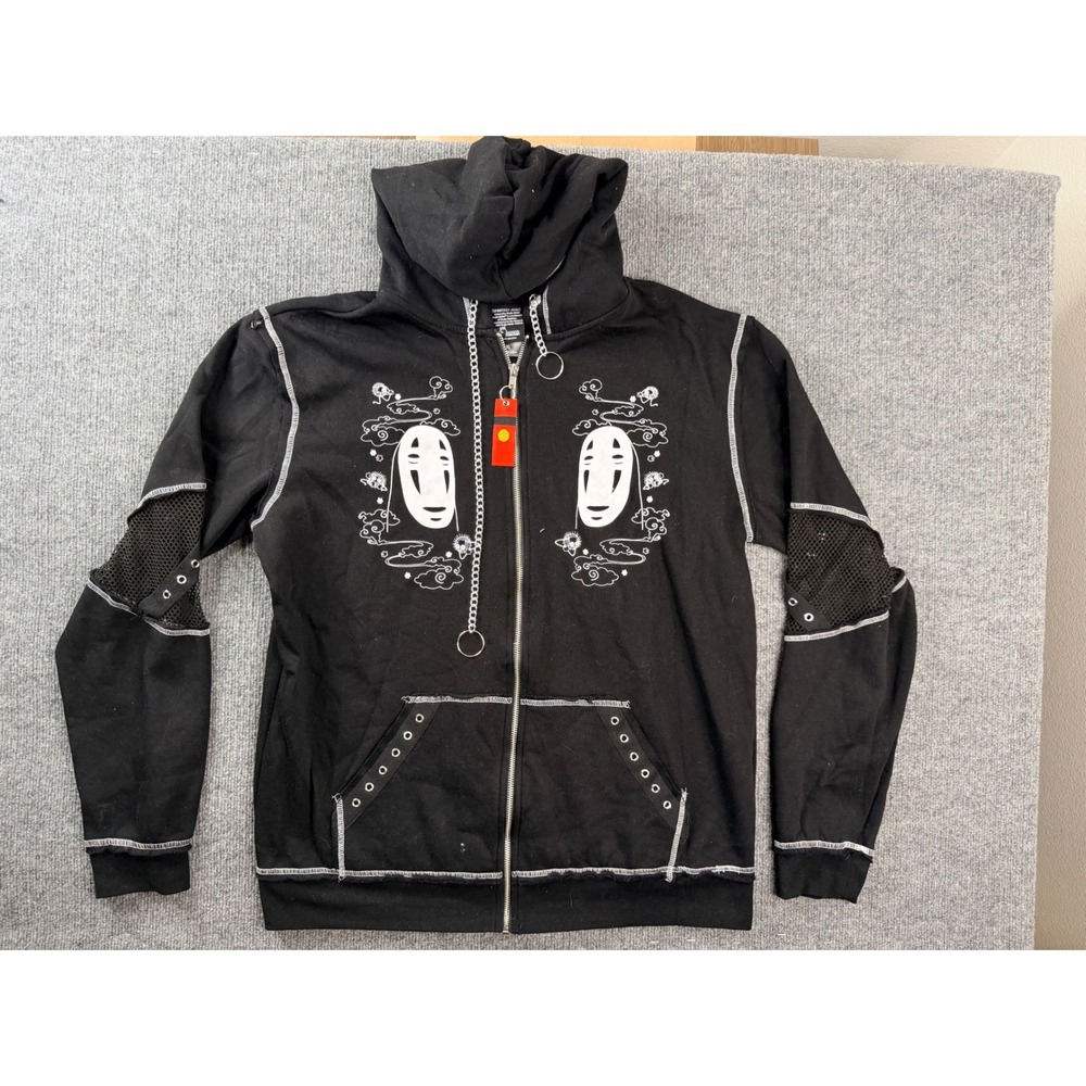 Hot Topic Spirited Away No Face Zip Up Hoodie XL Black Anime Mesh Grommet Chain